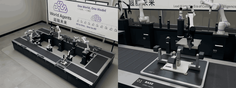 Different robot arms collaborate on fan assembly